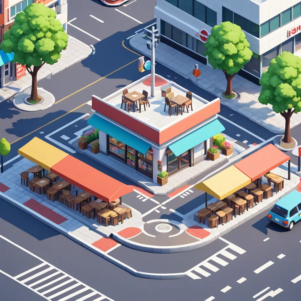 Convenience store,cafes,bookshops,Outdoor dining tables and chairs,crossroads,car,PARKING LOT,Isometric Art, 3D Isometric, Isometric pixel art,Simple background,MG_ip