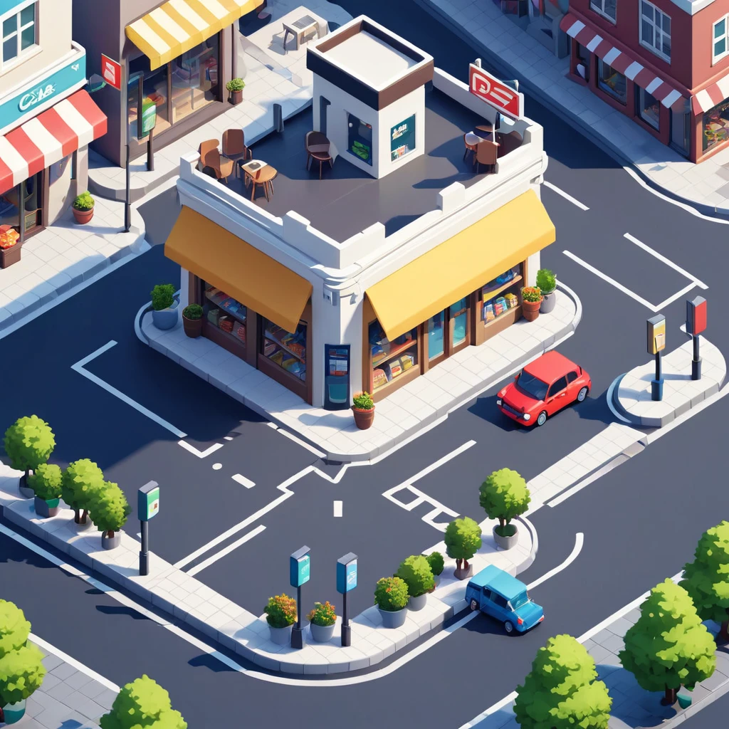 Convenience store，cafes，bookshops，Outdoor dining tables and chairs，crossroads，car，PARKING LOT，Isometric Art, 3D Isometric, Isometric pixel art，Simple background，MG_ip