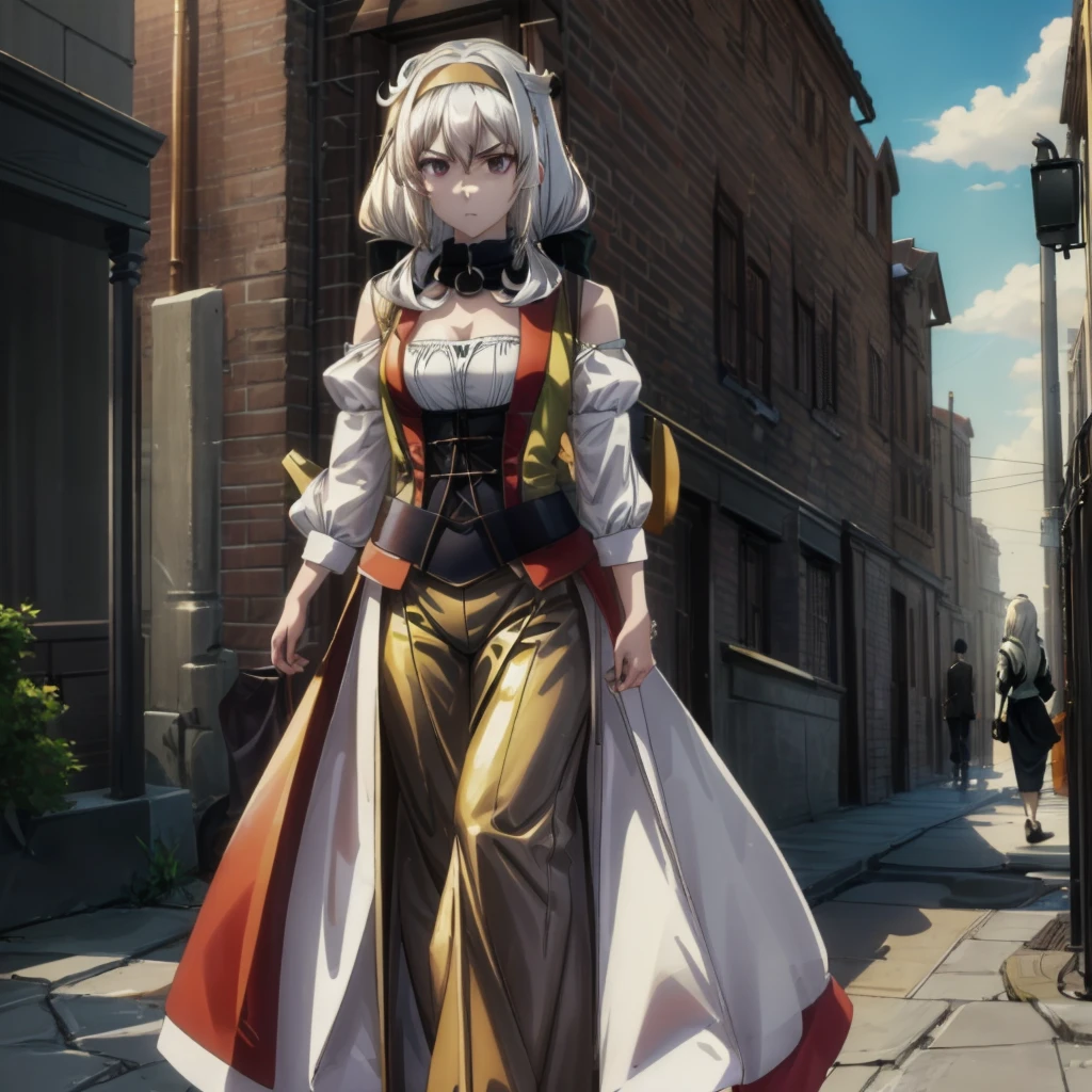 Ultra Quality, Shiny Skin, Atmospheric, 8K, Cinematic, ((Street background)), BREAK, ((Long White Hair)), narrowed black eyes, long black dress, fingers crossed, Sunglasses