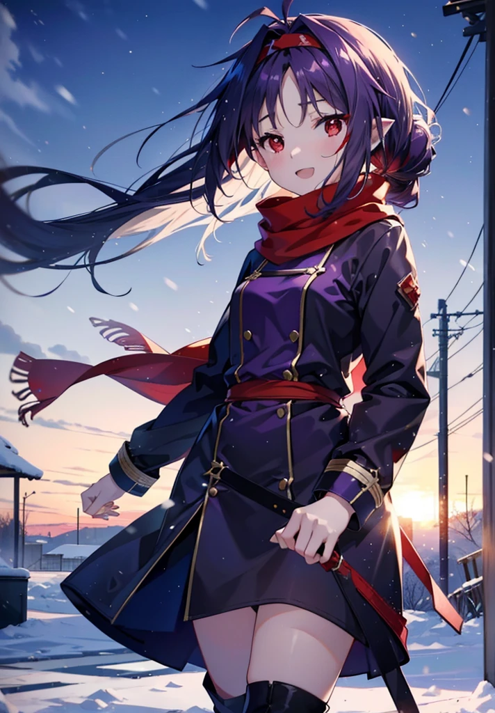 yuukikonno, Konno Yuuki, Long Hair, Pointed Ears, Purple Hair, (Red eyes:1.5), (Small breasts:1.2), Open your mouth,happy smile, smile, Open your mouth,hair band,low ponytail,Red Scarf,Purple long coat,Tokkuri Sweater,Long skirt,Black pantyhose,short boots,snowが降っている,snowが降り積もっている,snow,snow,snow,snow,winter,Cold night,Walking,whole bodyがイラストに入るように,Looking down from above,
break looking at viewer,  whole body,
break outdoors, In town,
break (masterpiece:1.2), Highest quality, High resolution, unity 8k wallpaper, (figure:0.8), (Beautiful attention to detail:1.6), Highly detailed face, Perfect lighting, Highly detailed CG, (Perfect hands, Perfect Anatomy),