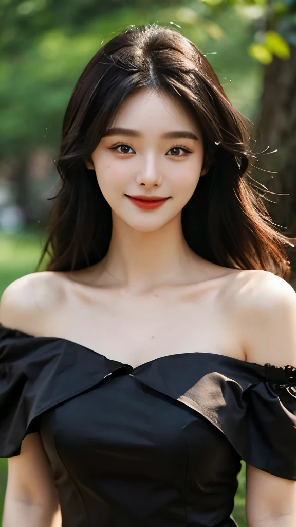 A sweet girl by the moutain，voluminous hair，Delicate face，Photorealsitic，of a real，largeaperture，wears a black dress，A cropped dress，Off-the-shoulder，A dress around the neck，Slim，smiles，Ultra-high resolution, Blurred background