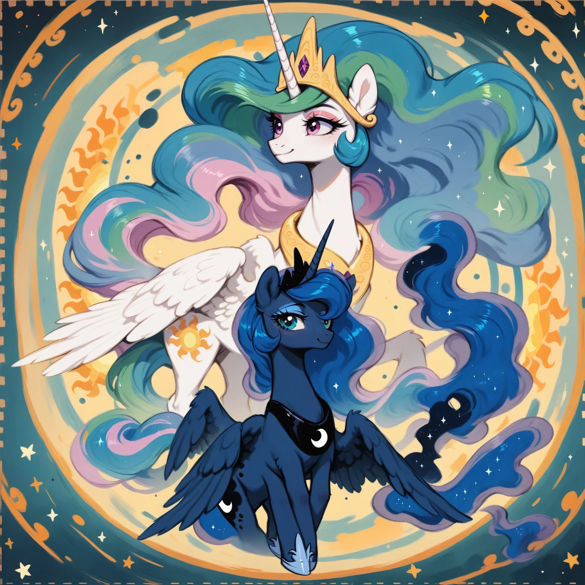 score_9, score_8_up, score_7_up, score_6_up, score_5_up, score_4_up, rating_safe, feral pony, princess luna and Celestia, fluffy ears, smile, beautiful, pretty, eyeshadow, starry eyes, long mane，only 4 legs