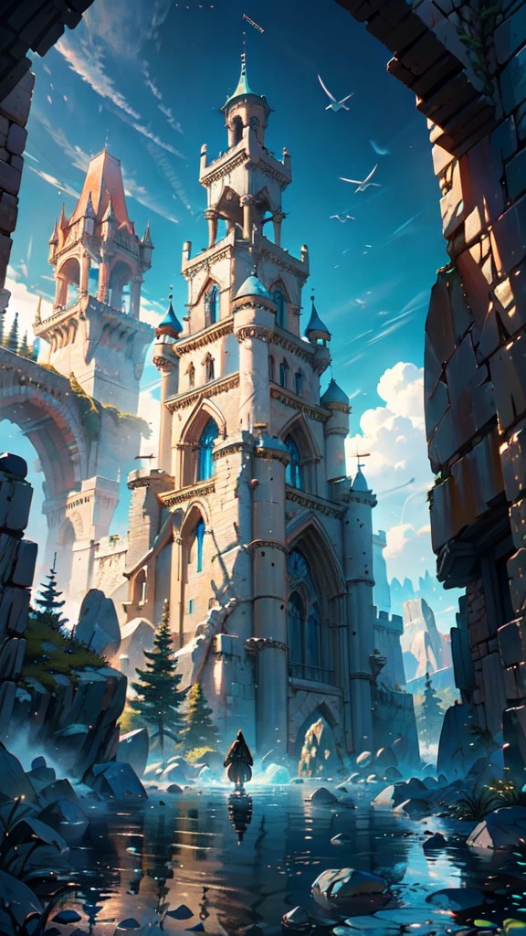 a realistic sculpted castle and stone walls in the rocky mountains, in the style of gothic futurism, eve ventrue, filip hodas, structured chaos, passage over water reflecting blue skies, elaborate detail