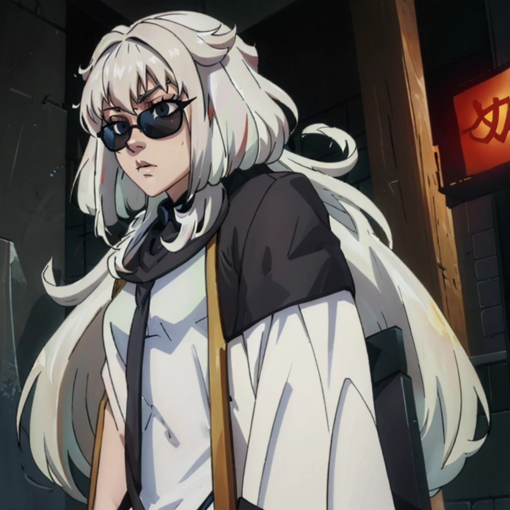 Ultra Quality, Shiny Skin, Atmospheric, 8K, Cinematic, ((Street background)), BREAK, ((Long White Hair)), narrowed black eyes, long black dress, fingers crossed, Sunglasses