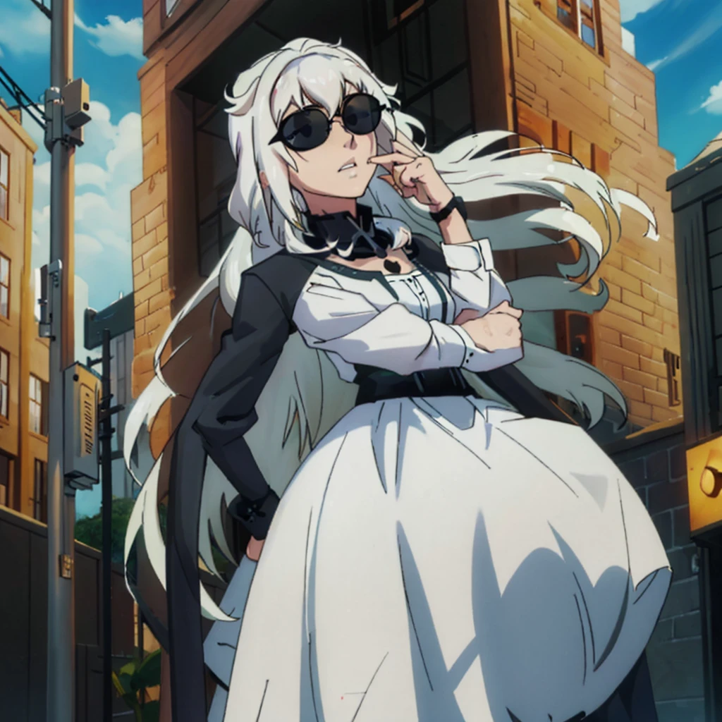 Ultra Quality, Shiny Skin, Atmospheric, 8K, Cinematic, ((Street background)), BREAK, ((Long White Hair)), narrowed black eyes, long black dress, fingers crossed, Sunglasses