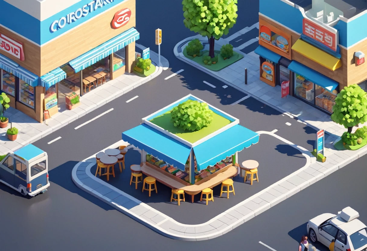 Convenience store，cafes，bookshops，Outdoor dining tables and chairs，crossroads，car，PARKING LOT，Isometric Art, 3D Isometric, Isometric pixel art，Simple background，MG_ip