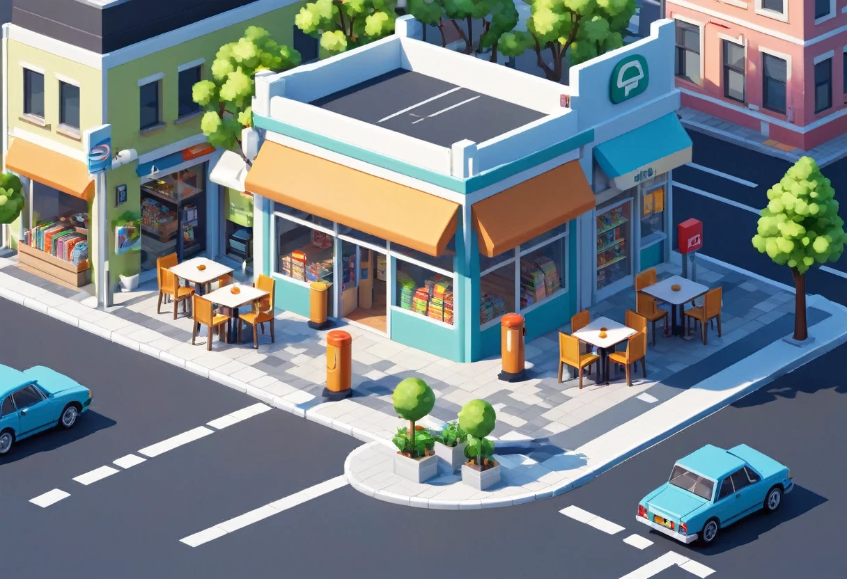 Convenience store,cafes,bookshops,Outdoor dining tables and chairs,crossroads,car,PARKING LOT,Isometric Art, 3D Isometric, Isometric pixel art,Simple background,MG_ip