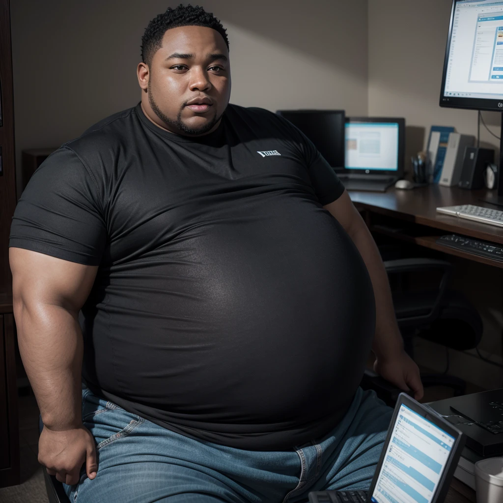 Fat black man inside using computer