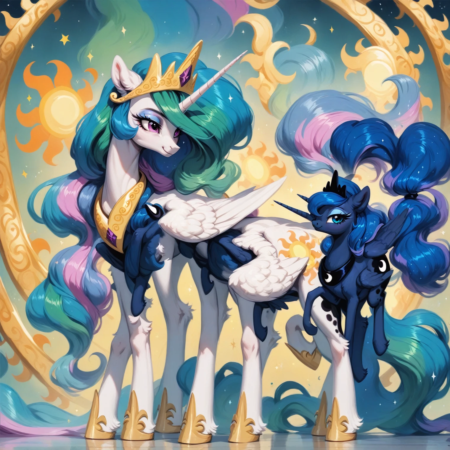 score_9, score_8_up, score_7_up, score_6_up, score_5_up, score_4_up, rating_safe, feral pony, princess luna and Celestia, fluffy ears, smile, beautiful, pretty, eyeshadow, starry eyes, long mane，only 4 legs