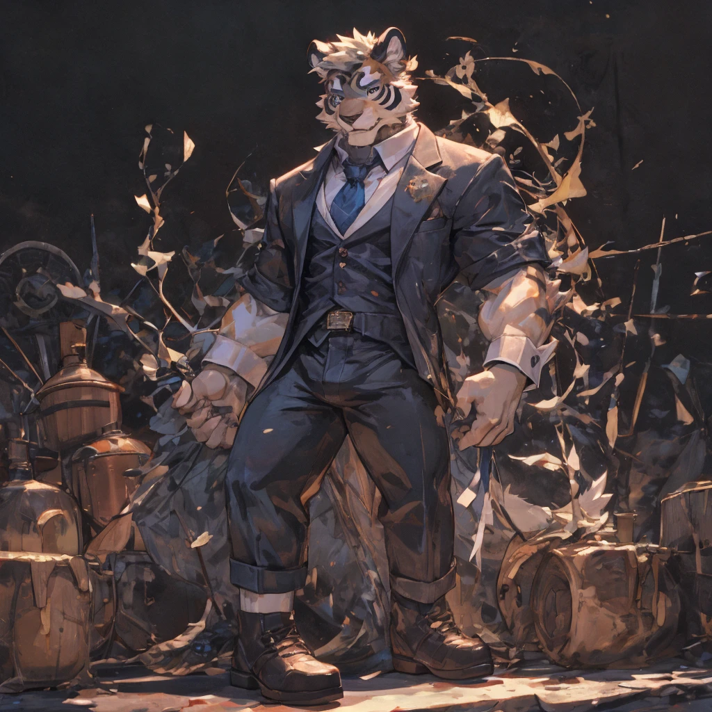 {{bara extremely handsome white tiger,}} {{white fur,}} white, wearing elegant ornate suit jacket, trousers, white dress shirt and necktie, white fluffy furry body and limbs, loafers, very tall, very broad shoulders, narrow waist, muscular arms, massive pecs, purple eyes, very long legs, massive bulge, sophisticated hot look, 3/4 view, best quality, high detail, CG image, character splash art, silver earring on left ear, sultry smirk