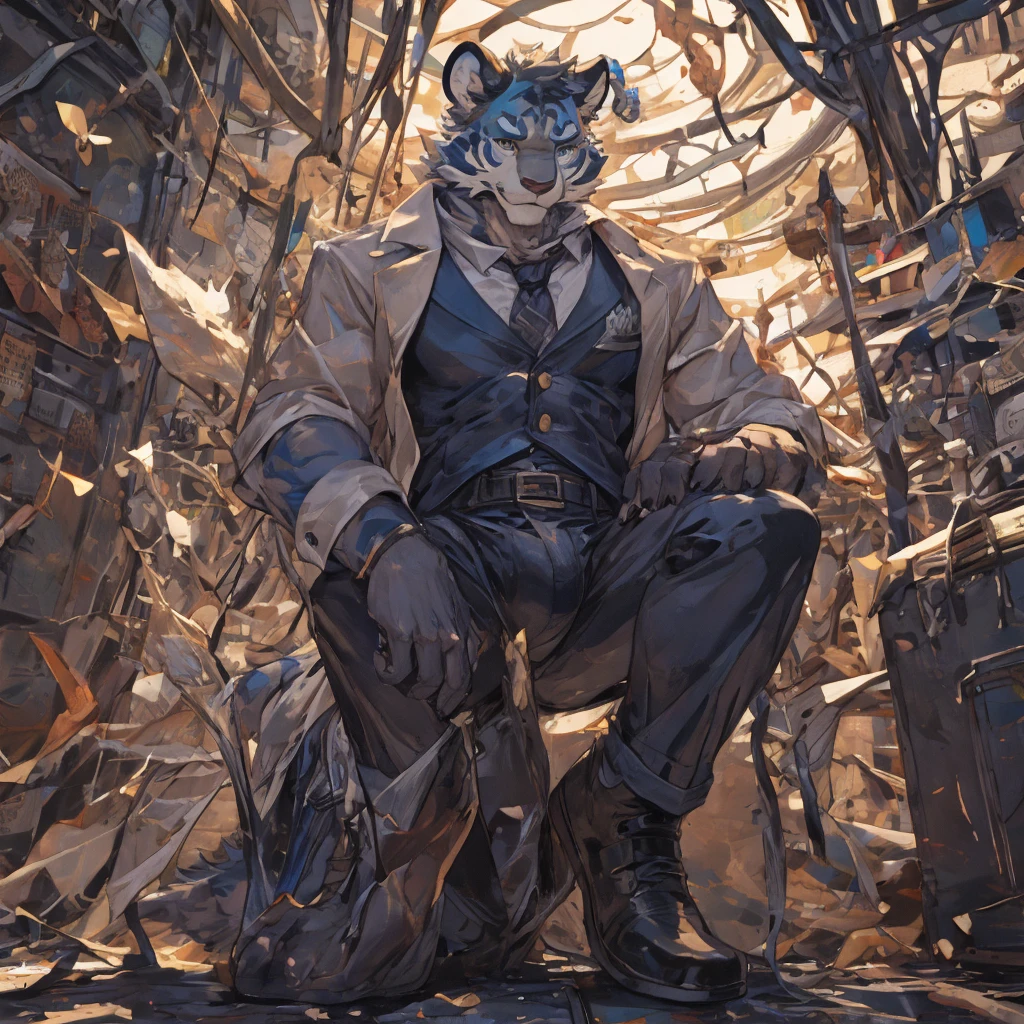 {{bara extremely handsome white tiger,}} {{white fur,}} white, wearing elegant ornate suit jacket, trousers, white dress shirt and necktie, white fluffy furry body and limbs, loafers, very tall, very broad shoulders, narrow waist, muscular arms, massive pecs, purple eyes, very long legs, massive bulge, sophisticated hot look, 3/4 view, best quality, high detail, CG image, character splash art, silver earring on left ear, sultry smirk