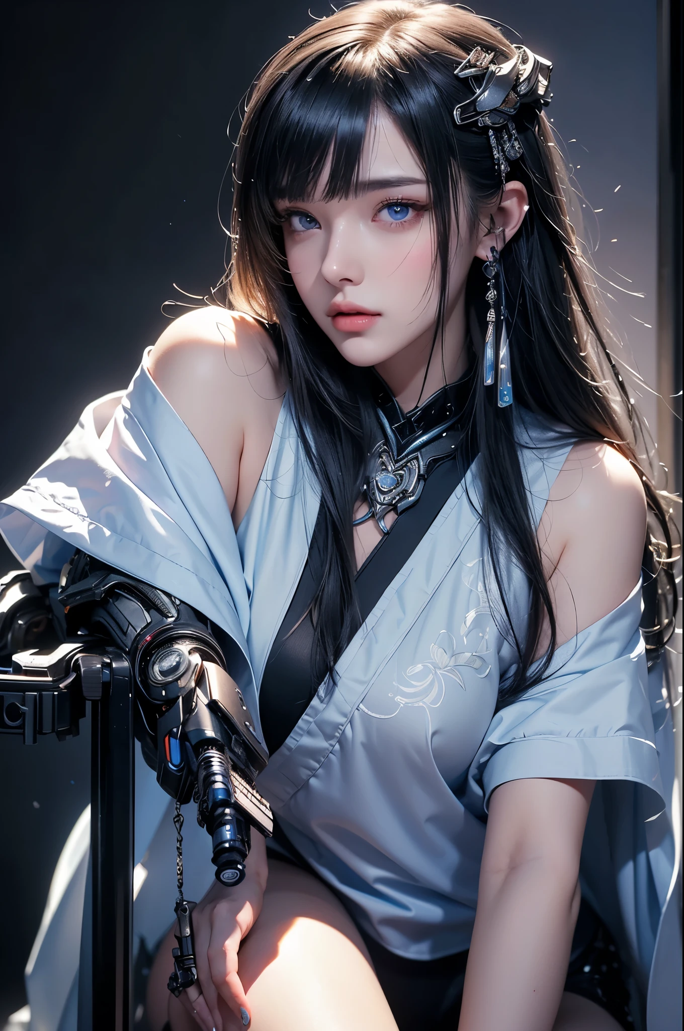 masterpiece, Highest quality, Very detailed, To the camera, 複雑に詳細なVery detailed, Realistic, Sharp features, Very detailed, Sharp focus, Perfect Face, Perfect Face, Perfect symmetry and perfect eyes, Perfect Plump Lips, Flexible female form, Cinematic, Film Light, Very detailed, hyper Realistic, masterpiece, Atmospheric, High resolution, Vibrant, Dynamic Studio Lighting, ((Dark Background)), The expression when enduring pleasure, Straight bangs, blue eyes,Kneeling with hands on crotch、Butt、Sexually aroused expressions、No clothes、NSFW,((top quality、8k、masterpiece:1.3))Wears a silver-white mech,girl with delicate face,Highest image quality,Ultra-clear,Delicate and clear facial features,end of the world,Mechanical arm,Exquisitely detailed mechanical pattern,cyberpunk characters、numbercity、number、century、throne
