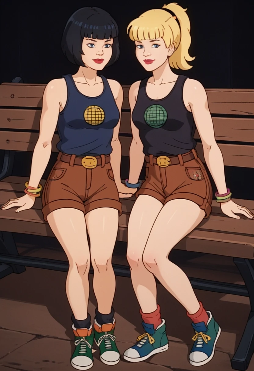 score_9, score_8, score_7, score_8_up, score_7_up, score_6_up, 2girls, (((xgix,black hair,bob cut,blunt bangs,brown eyes,lipstick,bracelet, tank top, belt,brown shorts, small breasts))), (((xlinkax, blonde hair, ponytail, blue eyes, medium breasts,brown shorts, belt, tank top, socks, sneakers))),   sitting on wooden bench, light smile, front view 