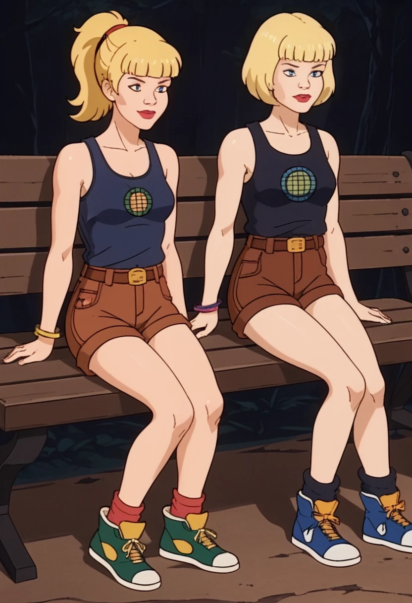 score_9, score_8, score_7, score_8_up, score_7_up, score_6_up, 2girls, (((xgix,black hair,bob cut,blunt bangs,brown eyes,lipstick,bracelet, tank top, belt,brown shorts, small breasts))), (((xlinkax, blonde hair, ponytail, blue eyes, medium breasts,brown shorts, belt, tank top, socks, sneakers))),   sitting on wooden bench, light smile, front view 