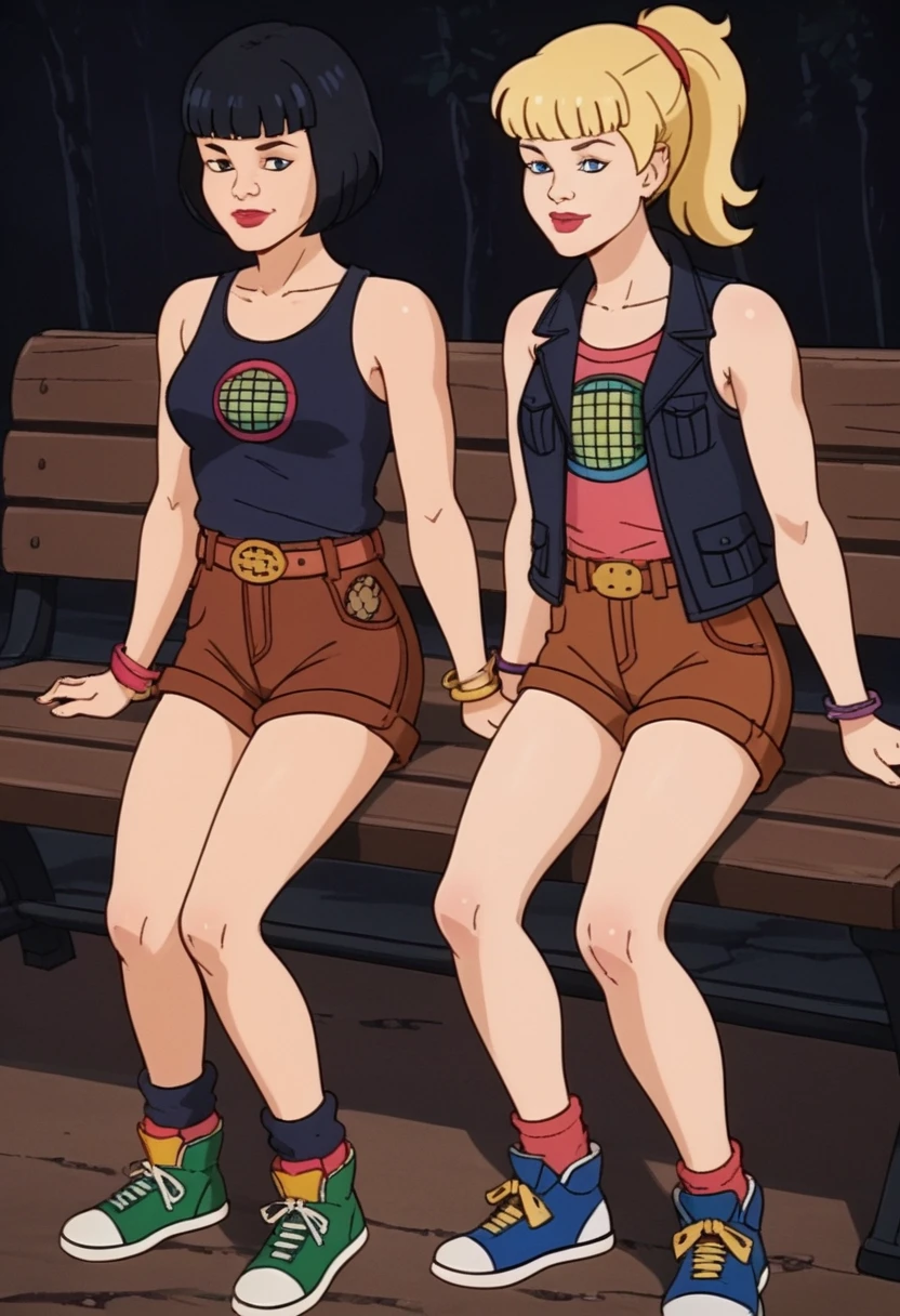 score_9, score_8, score_7, score_8_up, score_7_up, score_6_up, 2girls, (((xgix,black hair,bob cut,blunt bangs,brown eyes,lipstick,bracelet, tank top, belt,brown shorts, small breasts))), (((xlinkax, blonde hair, ponytail, blue eyes, medium breasts,brown shorts, belt, tank top, socks, sneakers))), sitting on wooden bench, light smile, front view