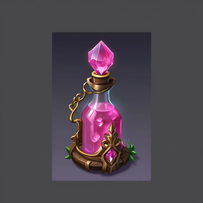 Close up of a bottle with pink crystals, painting of one health Potions, Role Playing Game Items, Potions, health Potions, Potions of healing, magical Potionss, Magic spell icon, magic Potionss, Fantasy game spell symbols, Game assets, Game assets occult, Game Icon Assets, RPG item rendering, alchemy concept, Fantasy game spell icons, Magic Items