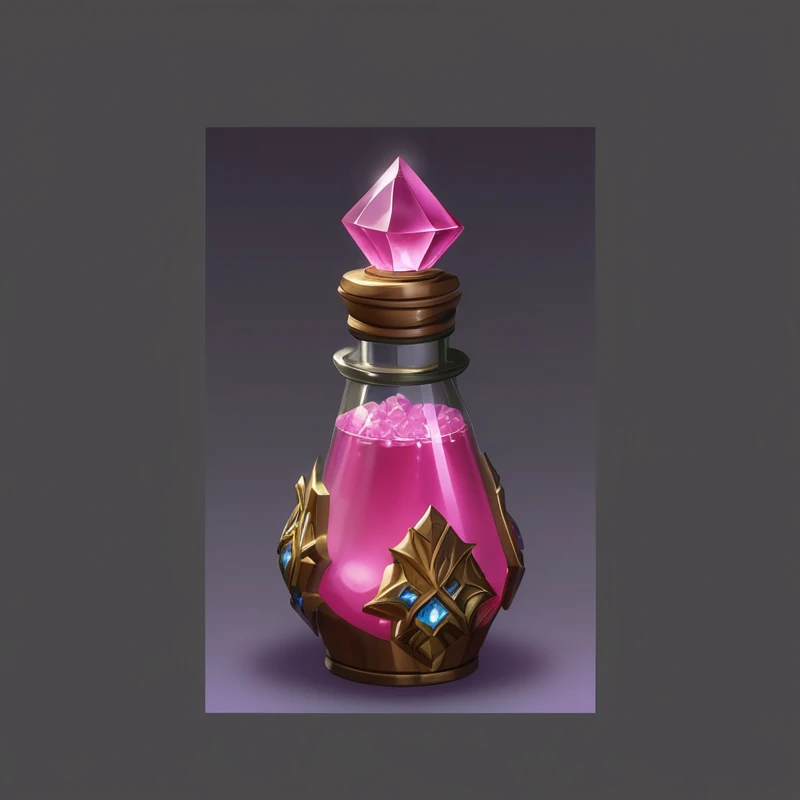 Close up of a bottle with pink crystals, painting of one health Potions, Role Playing Game Items, Potions, health Potions, Potions of healing, magical Potionss, Magic spell icon, magic Potionss, Fantasy game spell symbols, Game assets, Game assets occult, Game Icon Assets, RPG item rendering, alchemy concept, Fantasy game spell icons, Magic Items