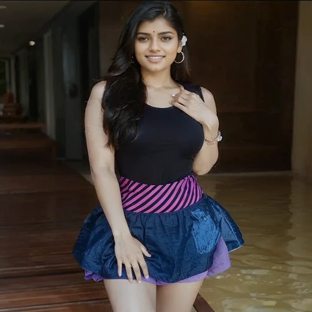 "Design a high-resolution, ultra-realistic 4K digital artwork featuring a confident and modern Indian woman in a stylish swimsuit, capturing her in a vibrant beach or poolside setting with natural lighting and realistic water reflections."