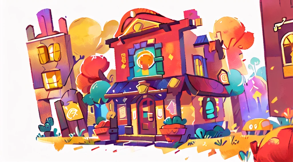 Drawing of a building,Museum gates,Warm colors,Flat style,illustration,colorful,Mainly red or gold,Bright colors