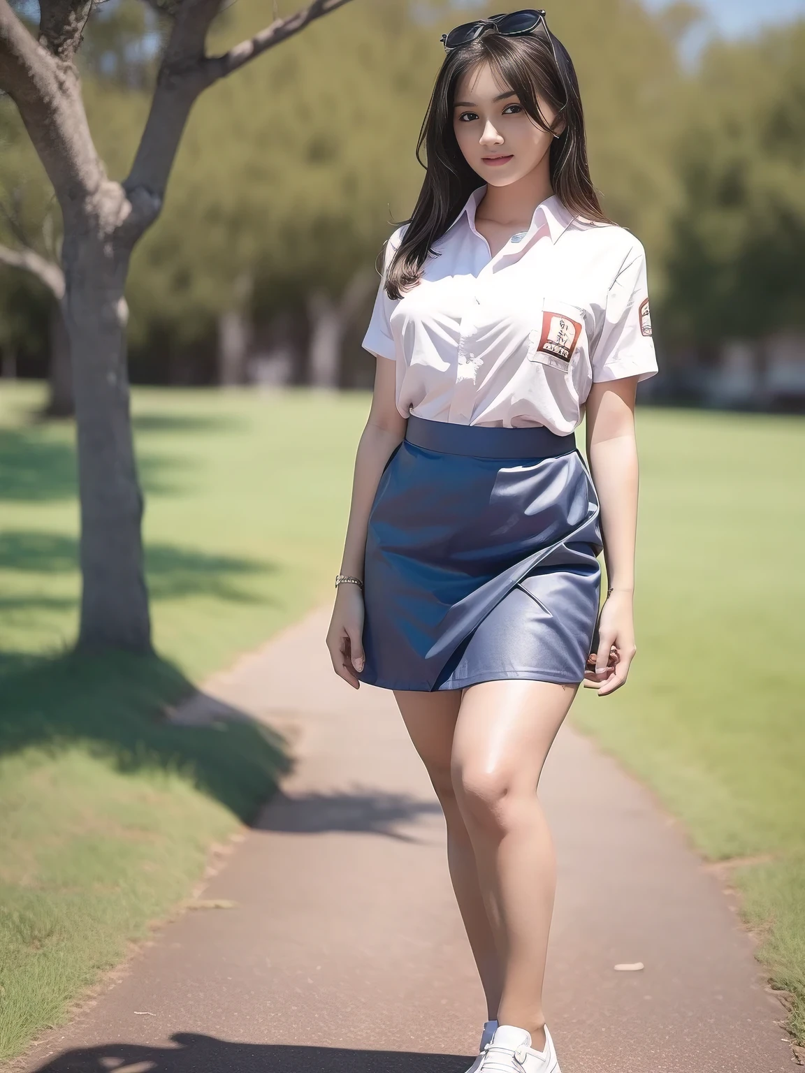 1girl, (uniform), standing, outdoors, detailed face, detailed eyes, thick breasts, shiny skin, short skirt, looking at the audience,(8k, RAW photo, best quality, masterpiece: 1.2), (realistic, realistic: 1.37), ultra-high resolution