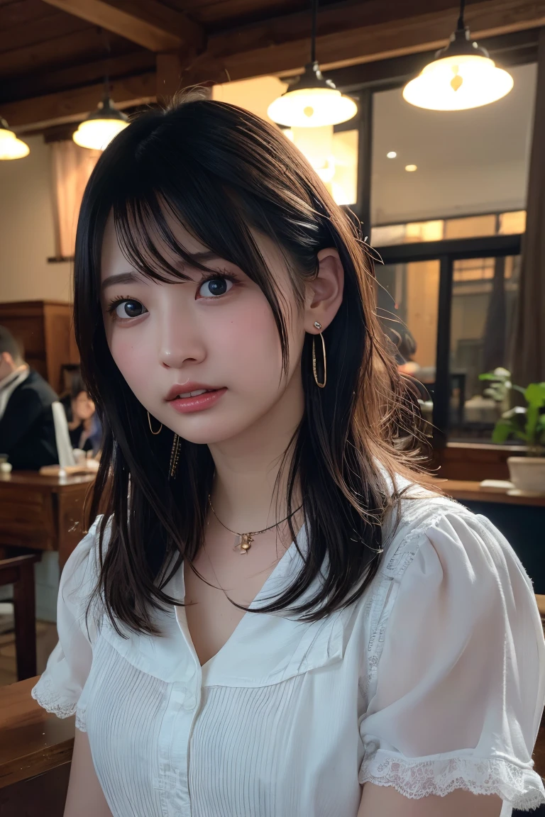 (Highest quality:1.4)，(masterpiece:1.4)，(Realistic:1.4)，(Realistic:1.2)，(超High resolution， RAW Photos:1.4)，(High resolution， Ultra-detailed:1.2)，(8k:1.2)，View your viewers，Cinematic photography，One girl，skeletally correct，Black-haired woman，(Small earrings，necklace，Cowgirl Cosplay)，（Western-style building interior，Dimly lit room，The lamplight shines on my cheeks）