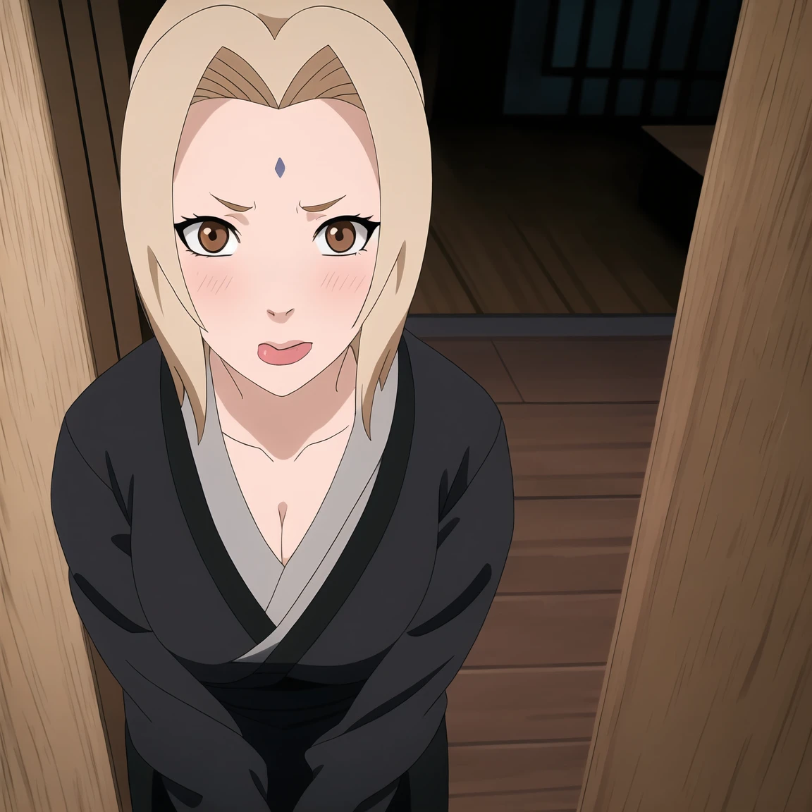 Tsunade , Brown eyes , Blonde Hair , Forehead Mark , (8K, RAW photos, best quality, masterpiece:1.2), (Intricate details), Perfect eyes, Perfect face, Perfect lighting, beautiful, (masterpiece:1.2), (best quality:1.2), 1 Girl, White shirt , Denim shorts ,Become a ,(Vision(blush,nervous,Vision,classroom,bookshelf,Standing,))masterpiece, absurd , (Intricate details), (Colorful), light, Extremely detailed CG unity 8k wallpaper ,1 Girl, solo,(shy,classroom,night,blush,nervous,Sweating,蕾丝dress, ),sweat,blush,blush1.5,Blush,Big breasts,((dress,Black stockings,)),(dress,Standing,Uncomfortable expression,Mouth open,Stick out your tongue,)