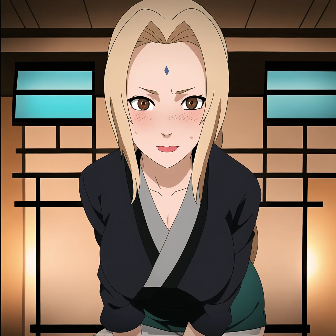 Tsunade , Brown eyes , Blonde Hair , Forehead Mark , (8K, RAW photos, best quality, masterpiece:1.2), (Intricate details), Perfect eyes, Perfect face, Perfect lighting, beautiful, (masterpiece:1.2), (best quality:1.2), 1 Girl, White shirt , Denim shorts ,  ,（Vision（blush，nervous，Vision，classroom，bookshelf，Standing，））masterpiece， absurd ， （Intricate details）， （Colorful）， light， Extremely detailed CG Unity 8k wallpaper ，1 Girl， solo，（shy，classroom，night，blush，nervous，Sweating，蕾丝dress， ），sweat，blush，blush1.5，Blush，Medium chest，（（dress，Black stockings，）），（dress，Standing，Uncomfortable expression，Mouth open，spit）