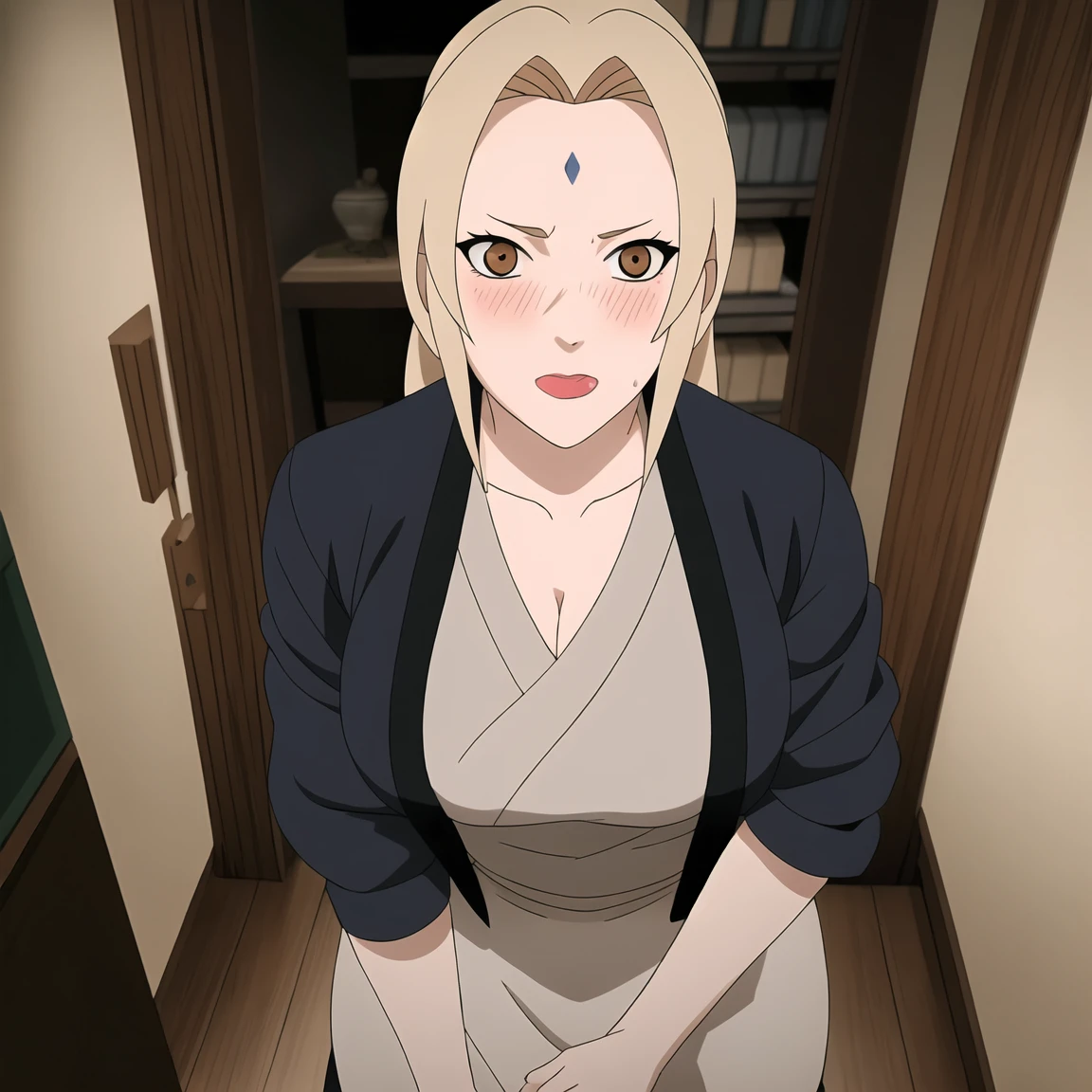 Tsunade , Brown eyes , Blonde Hair , Forehead Mark , (8K, RAW photos, best quality, masterpiece:1.2), (Intricate details), Perfect eyes, Perfect face, Perfect lighting, beautiful, (masterpiece:1.2), (best quality:1.2), 1 Girl, White shirt , Denim shorts ,Become a ,(Vision(blush,nervous,Vision,classroom,bookshelf,Standing,))masterpiece, absurd , (Intricate details), (Colorful), light, Extremely detailed CG unity 8k wallpaper ,1 Girl, solo,(shy,classroom,night,blush,nervous,Sweating,蕾丝dress, ),sweat,blush,blush1.5,Blush,Big breasts,((dress,Black stockings,)),(dress,Standing,Uncomfortable expression,Mouth open,Stick out your tongue,)