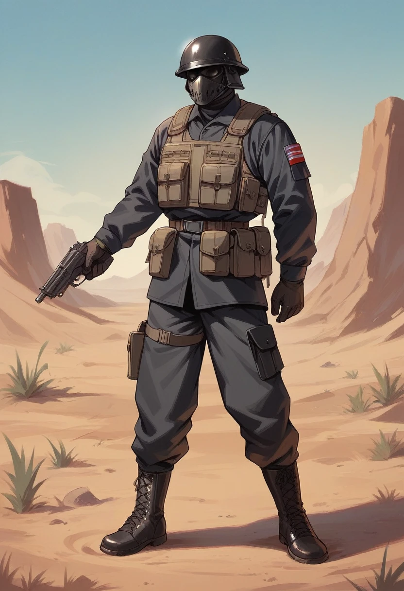 Male modern soldier, black armour, black helmet and mask, black long boots, desert, gun, black clothes, thin waist