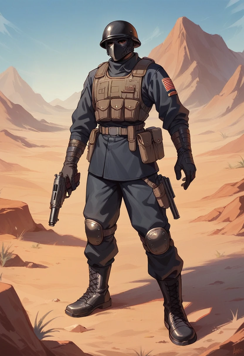 Male modern soldier, black armour, black helmet and mask, black long boots, desert, gun, black clothes, thin waist 