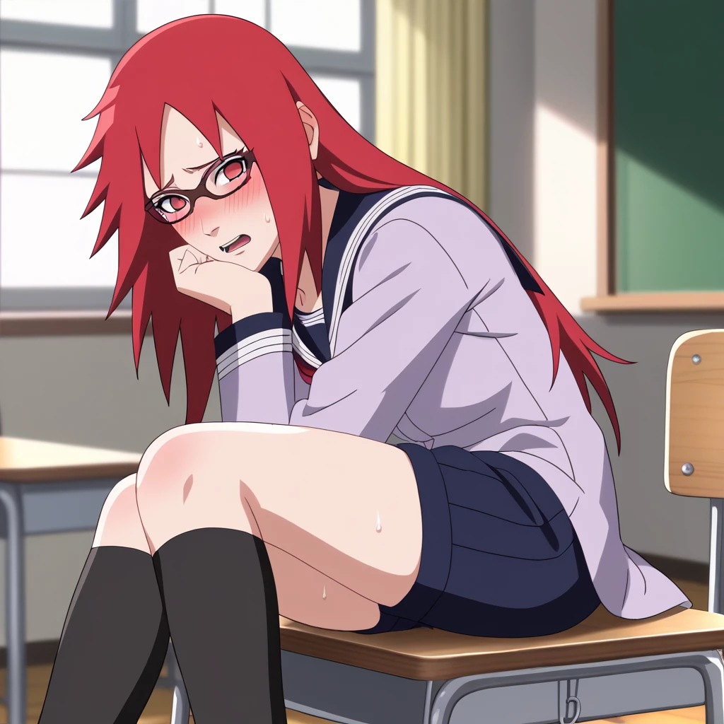 Red hair, 1 Girl, Glasses, Long hair, Red Eyes, Solitary, Sailor Suit, Black over-the-knee stockings, Black shorts, Umbilical cord, Looking at the audience，No students, Japanese cartoons screencap, Japanese cartoons coloring,src_Japanese cartoons,Naruto \(series\), Naruto shippuuden,（（blush，nervous，Vision，classroom，bookshelf，sit on the chair，））masterpiece， absurd ， （Intricate details）， （Colorful）， light， Extremely detailed CG unity 8k wallpaper ，1 Girl， solo，（shy，classroom，night，blush，nervous，Sweating，蕾丝dress， ），sweat，blush，blush1.5，Blush，Medium chest，（（dress，Black stockings，）），（dress，Lying in bed，Uncomfortable expression，Mouth open，spit）
