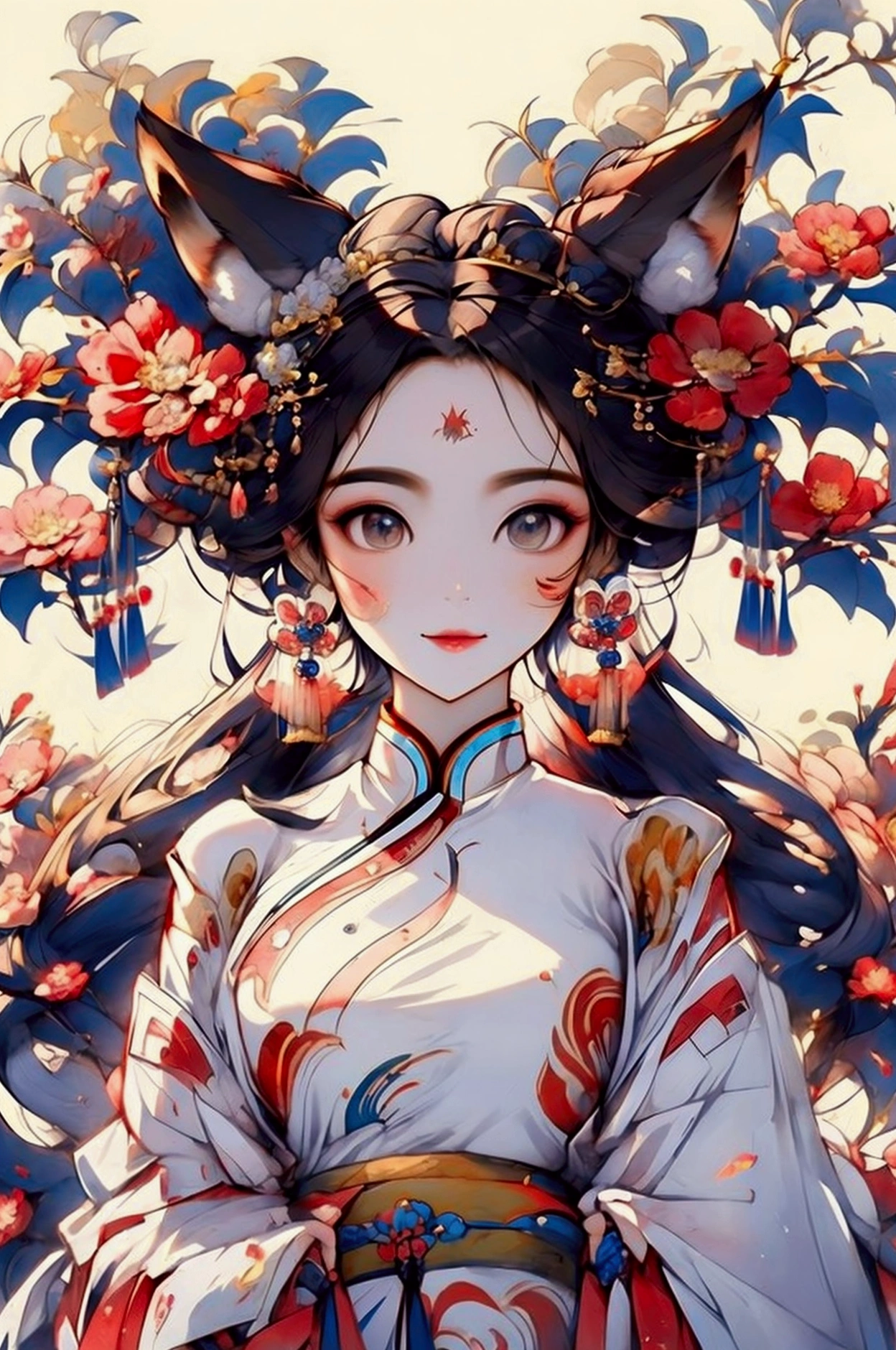 mural，Ultra-high sharpness，A magnificent scene，Colorful，Vibrant colors，moon，Positive face，In the center of the picture is a fox girl，((The fox is anthropomorphic))，A woman wearing silk Hanfu，Fox wearing a golden round headdress，Exquisite clothing and jewelry，Fox Stepping on Colorful Clouds，敦煌mural，