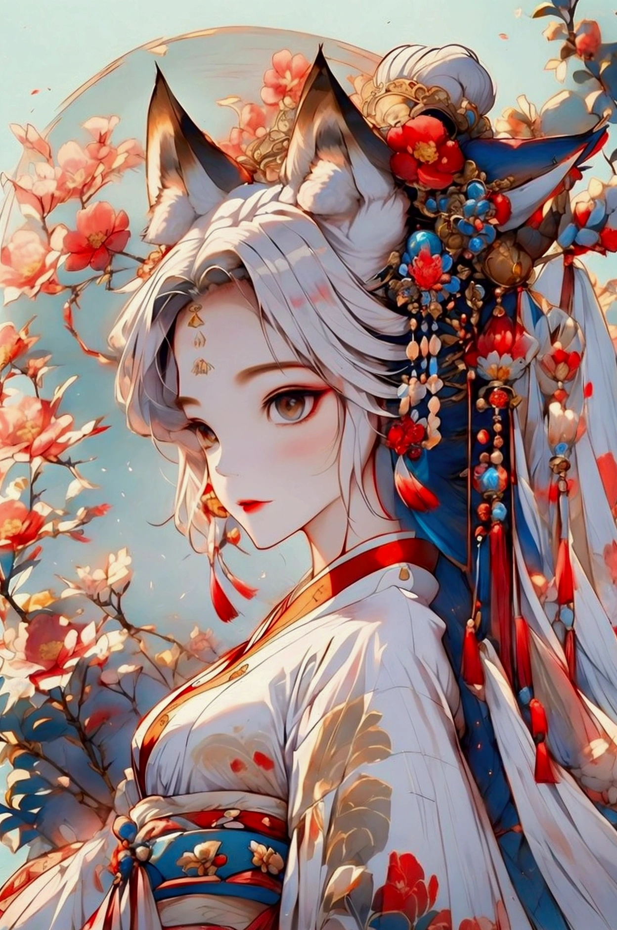 mural，Ultra-high sharpness，A magnificent scene，Colorful，Vibrant colors，moon，Positive face，In the center of the picture is a fox girl，((The fox is anthropomorphic))，A woman wearing silk Hanfu，Fox wearing a golden round headdress，Exquisite clothing and jewelry，Fox Stepping on Colorful Clouds，敦煌mural，