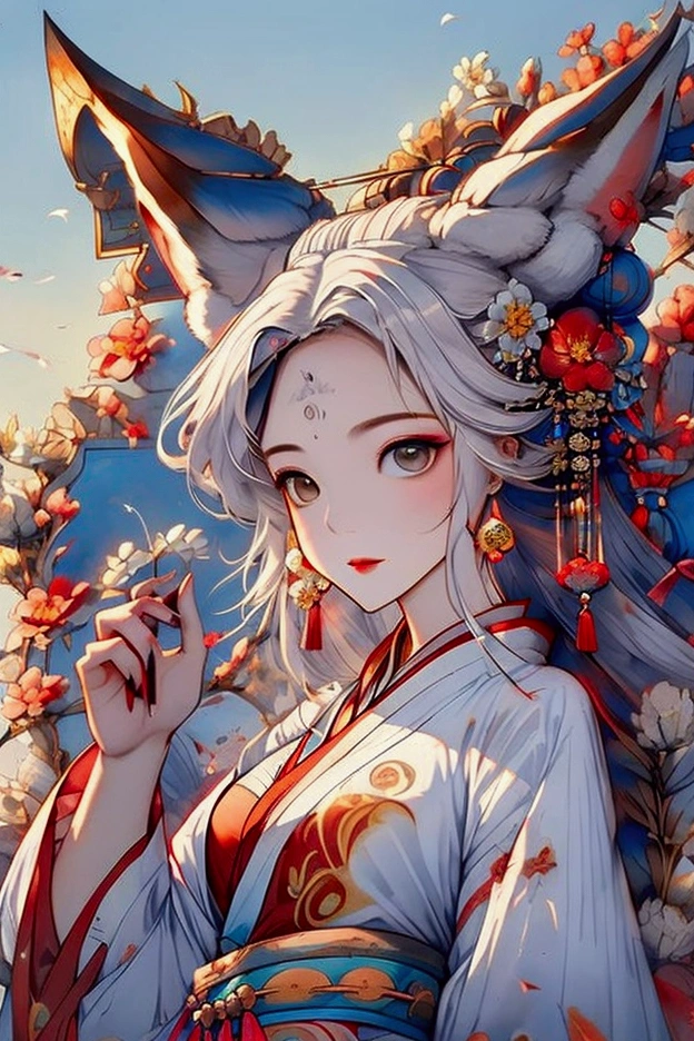 mural，Ultra-high sharpness，A magnificent scene，Colorful，Vibrant colors，moon，Positive face，In the center of the picture is a fox girl，((The fox is anthropomorphic))，A woman wearing silk Hanfu，Fox wearing a golden round headdress，Exquisite clothing and jewelry，Fox Stepping on Colorful Clouds，敦煌mural，