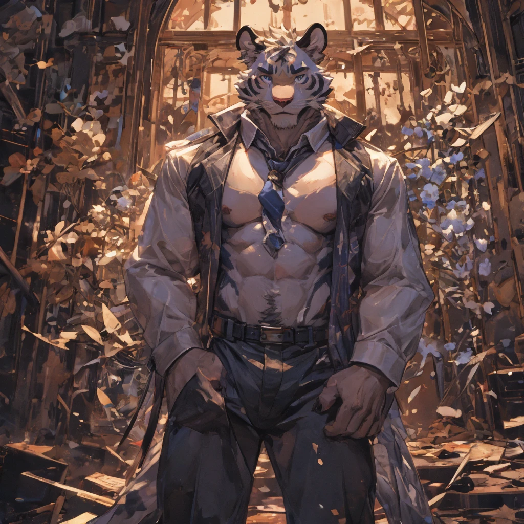 {{bara extremely handsome white tiger,}} {{white fur,}} white, wearing elegant ornate suit jacket, trousers, white dress shirt and necktie, white fluffy furry body and limbs, loafers, very tall, very broad shoulders, narrow waist, muscular arms, massive pecs, purple eyes, very long legs, massive bulge, sophisticated hot look, 3/4 view, best quality, high detail, CG image, character splash art, silver earring on left ear, sultry smirk