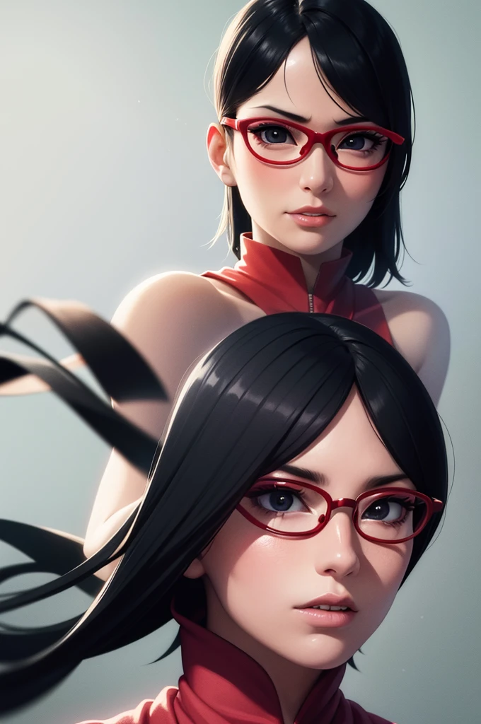 (highres,masterpiece:1.2),ultra-detailed,realistic,professional,beautiful detailed eyes,beautiful detailed lips,dark hair,short black hair,red glasses,stunning black eyes,clear skin,18-year-old girl,fashionable short hairstyle,vibrant red glasses,Shinobi Academy,fierce determination,confident posture,crimson outfit,intense gaze,background filled with ninjutsu techniques,shadows cleverly accentuating her features,subtle studio lighting,sublime realism,striking color tones