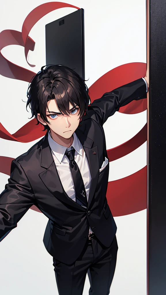 male、30 years old、less beard、Tired face、Glaring eyes、Long bangs、7:3 parting、Shot from the thigh up、Are standing、looking at the camera、Plain white background、Black business suit、High quality