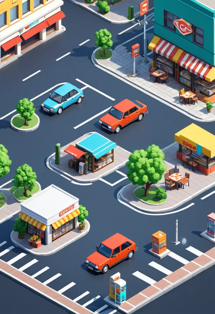 Convenience store,cafes,bookshops,Outdoor dining tables and chairs,crossroads,car,PARKING LOT,Isometric Art, 3D Isometric, Isometric pixel art,Simple background,MG_ip