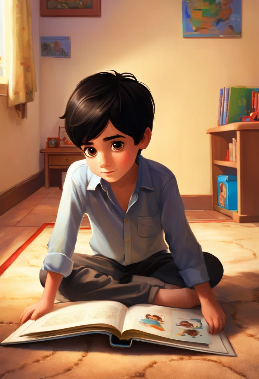 Make a picture of a seven year old boy with dark black hair and brown eyes, reading book on the bedroom floor