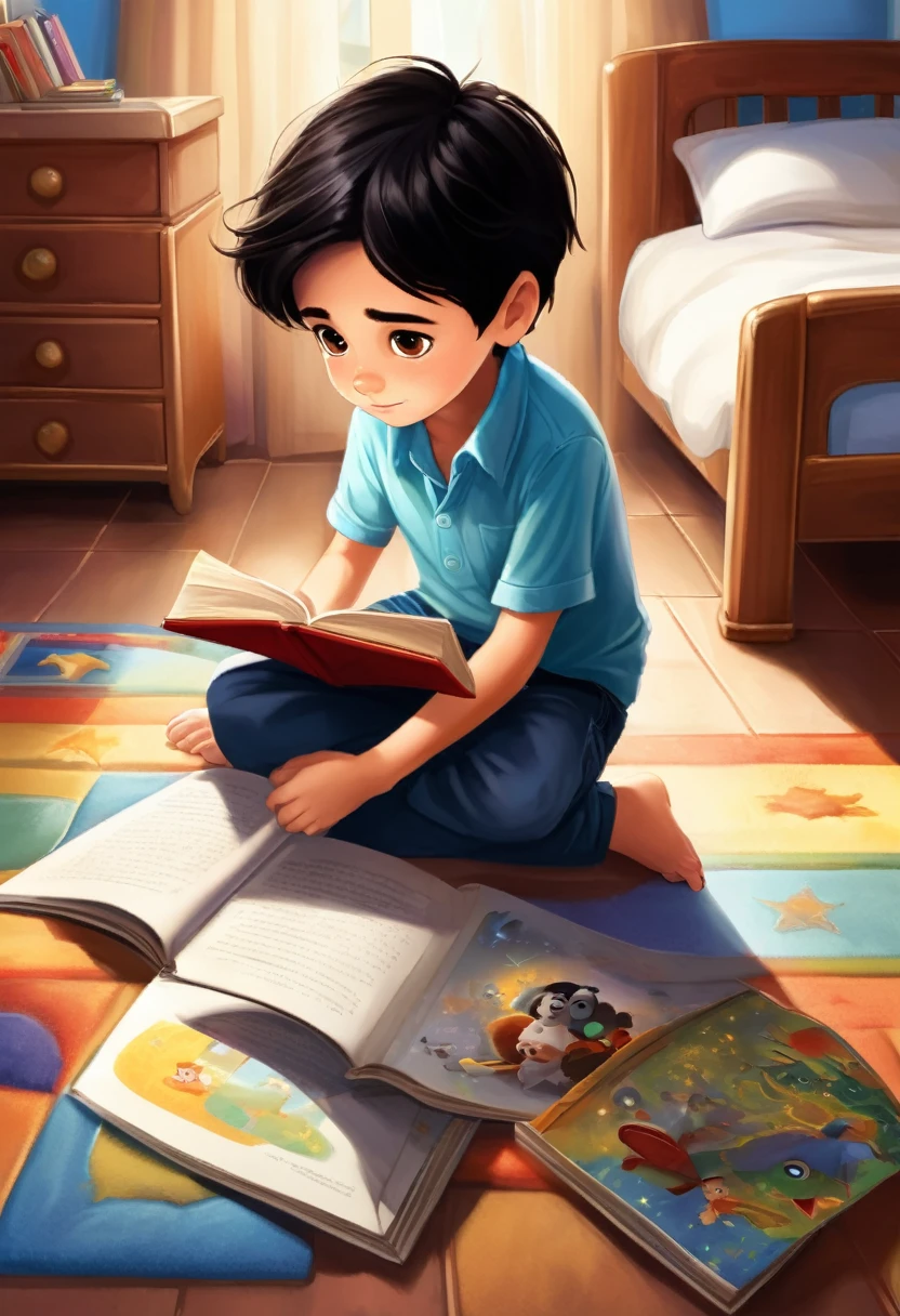 Make a picture of a seven year old boy with dark black hair and brown eyes, reading book on the bedroom floor