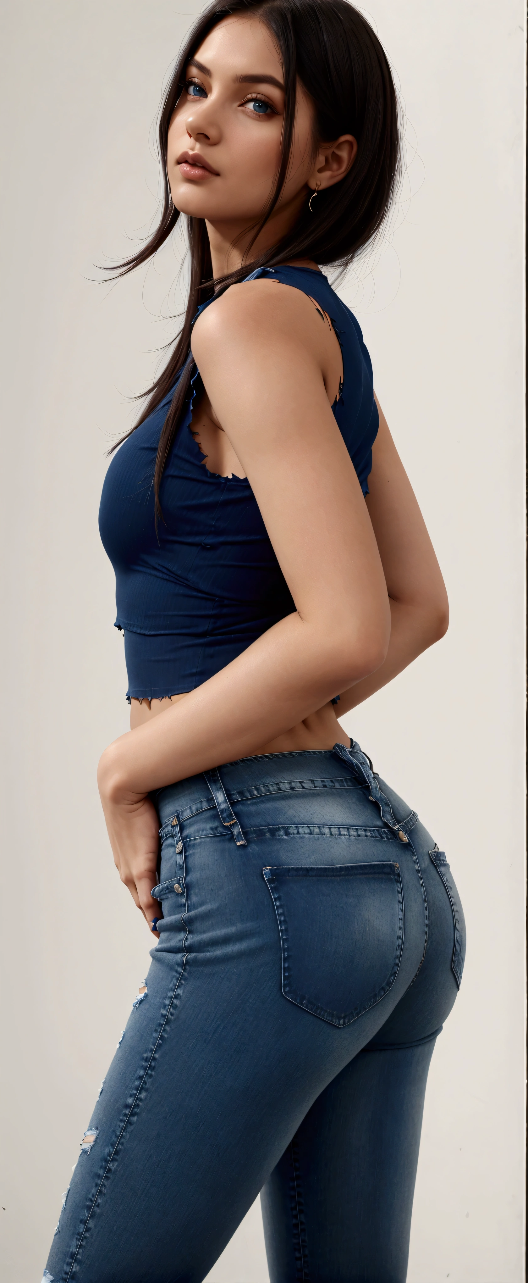 a woman in a shirt blue and jeans posing for a picture, fair blue t-shirt, top cut, with torn t-shirt, top cut, wearing a cropped tops, wearing top cut, usando um top cropped sexy, wearing a cropped top, tight shirt, dark shirt blue, casual outfit, exposed belly, navy blue, wearing a top cut, shirt blue