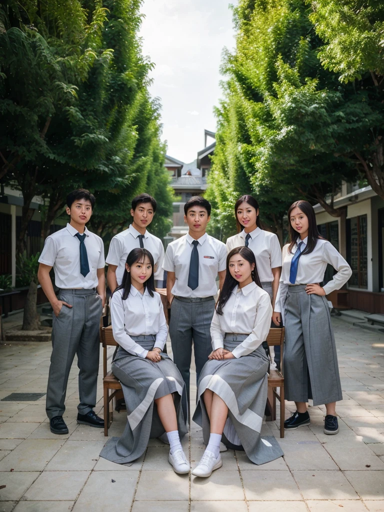 Wide angle photography, four Korean men wearing white school uniforms, and typical Indonesian student gray pants, stand in a row pose and three Korean women wearing long shirts and long gray rimpel skirts pose sitting on wooden chairs in an elegant style. In front of a luxurious school yard with green trees on the right and left. Professional photography, cinematic photography, realistic photography, hyperdetail photography. Cheerful face staring at the camera