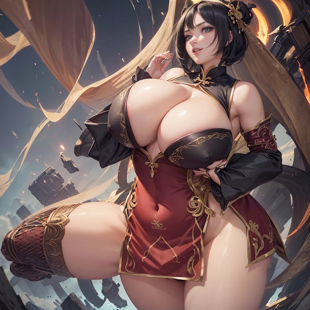 Highly detailed CG unit 8k wallpaper, masterpiece, High resolution, highest quality, highest quality real texture skin, Super Real, Digital Painting, Best image quality, 最High resolution, 8k, ((Highly detailed eyes and face)), 1girl, Beautiful eyes every detail, Full Body Shot, profile, dynamic pose, (((Saggy breasts, Gravity-dependent breasts, long chest, Heavy chest, ))), ((disproportionate breasts, huge breasts, sagging breasts, gigantic breasts, erect nipple,)), short hair, bandeau, Loincloth, Chinese style embroidery, china dress, evil grin, evil smile, open your mouth,