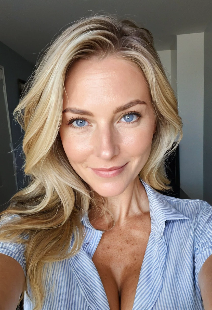 instagram selfie , a 52 year old gorgeous woman, in love with the viewer, happy smile , detailed skin face and eyes, natural lighting , at home , long thick blond hair, brown roots hair, brown eyebrows,, wearing white professional business attire, film grain, natural face, blue eyes, dark circles under eyes, big breasts, cleavage, wide shoulders, fit body, natural makeup, thin waist
