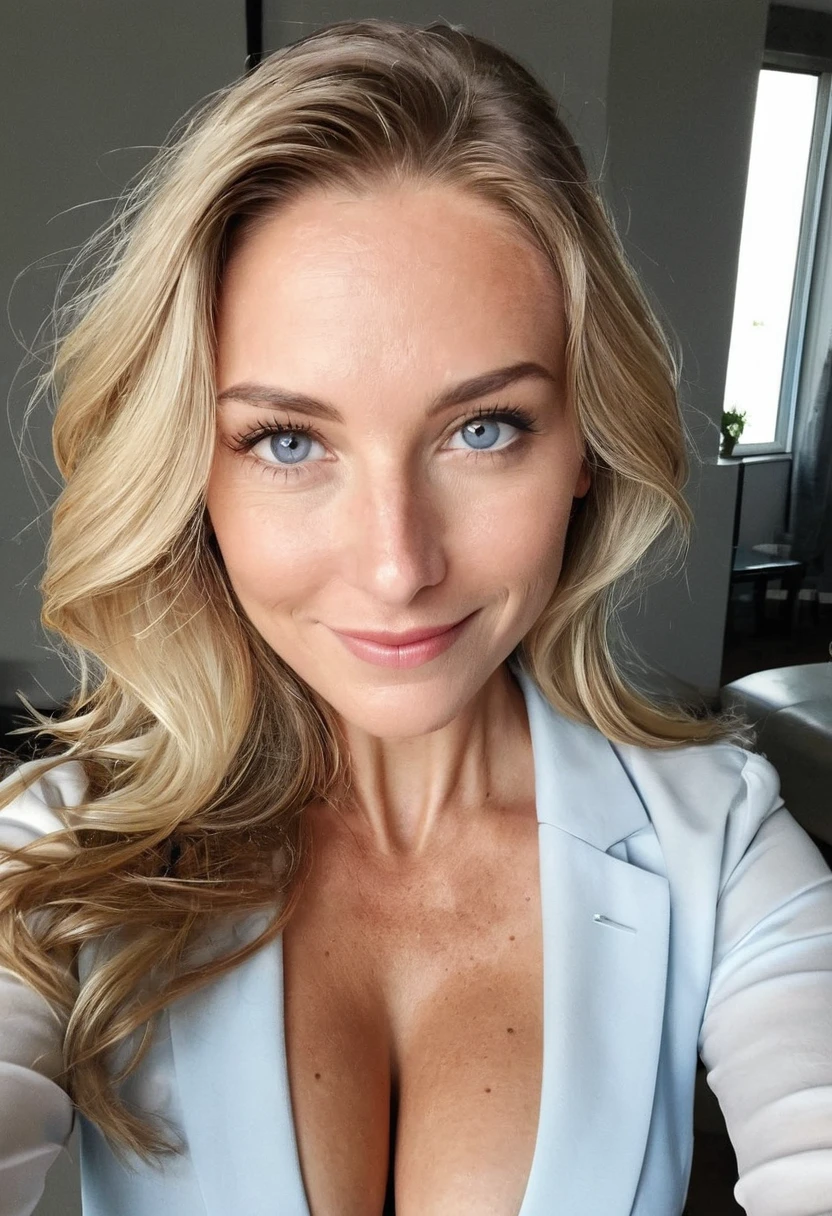 instagram selfie , a 52 year old gorgeous woman, in love with the viewer, happy smile , detailed skin face and eyes, natural lighting , at home , long thick blond hair, brown roots hair, brown eyebrows,, wearing white professional business attire, film grain, natural face, blue eyes, dark circles under eyes, big breasts, cleavage, wide shoulders, fit body, natural makeup, thin waist