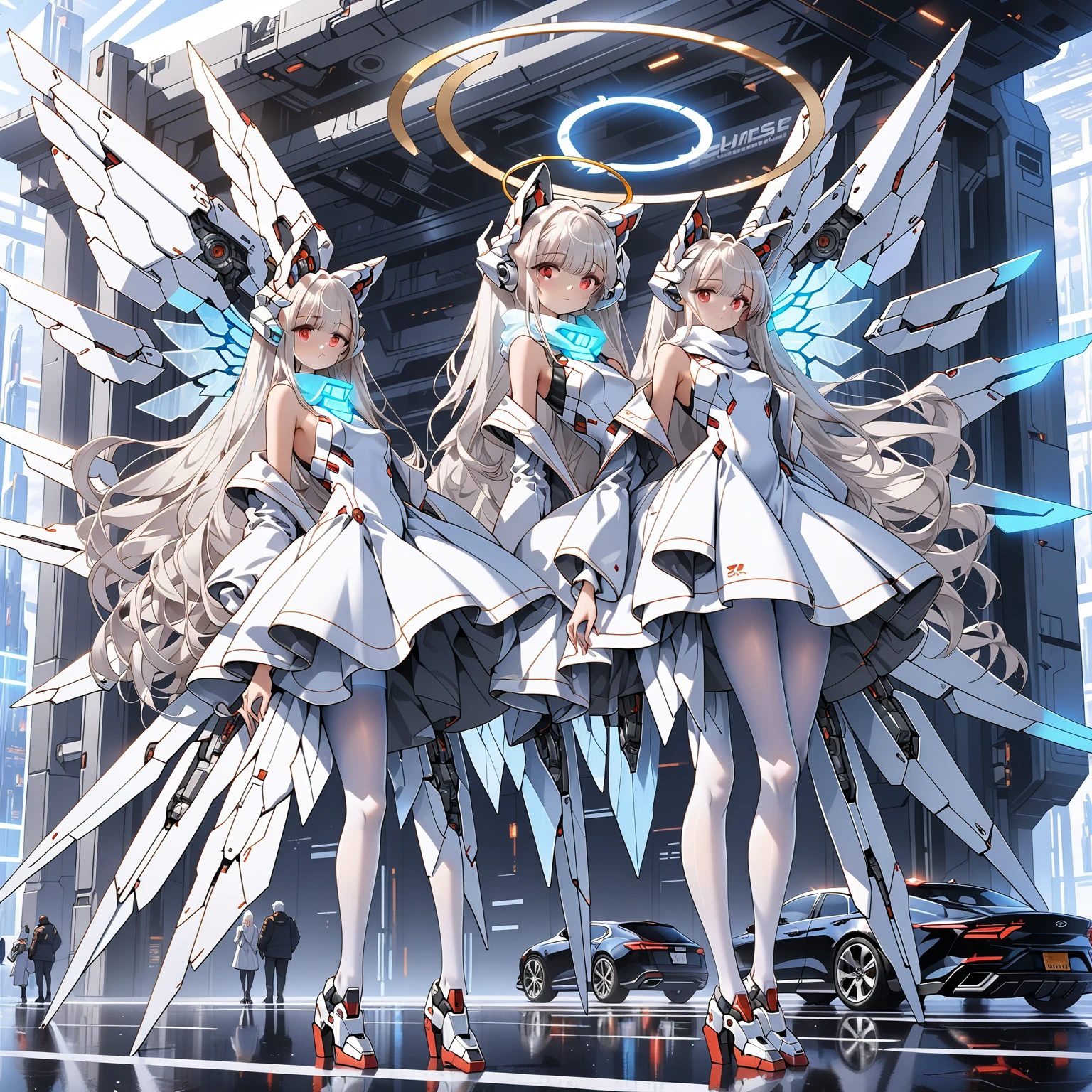 masterpiece, highest quality, highest resolution, clear_image, detailed details, white hair, long hair, 1 girl, car ears, red eyes, futuristic wings, futuristic halo, white sci fi mecha dress, white scarf (around the neck withn a light blue glow), white pantyhose, full body