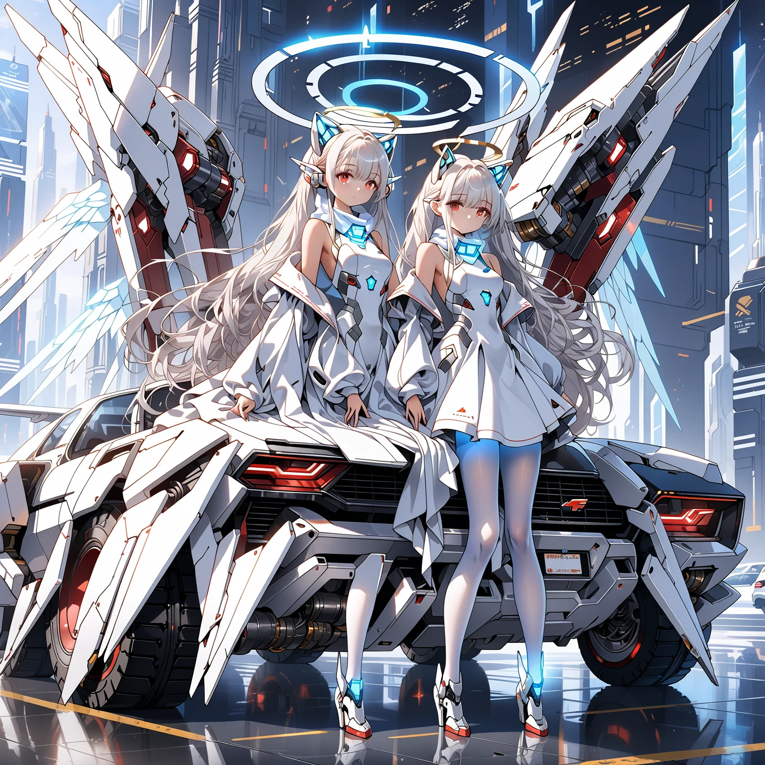 masterpiece, highest quality, highest resolution, clear_image, detailed details, white hair, long hair, 1 girl, car ears, red eyes, futuristic wings, futuristic halo, white sci fi mecha dress, white scarf (around the neck withn a light blue glow), white pantyhose, full body