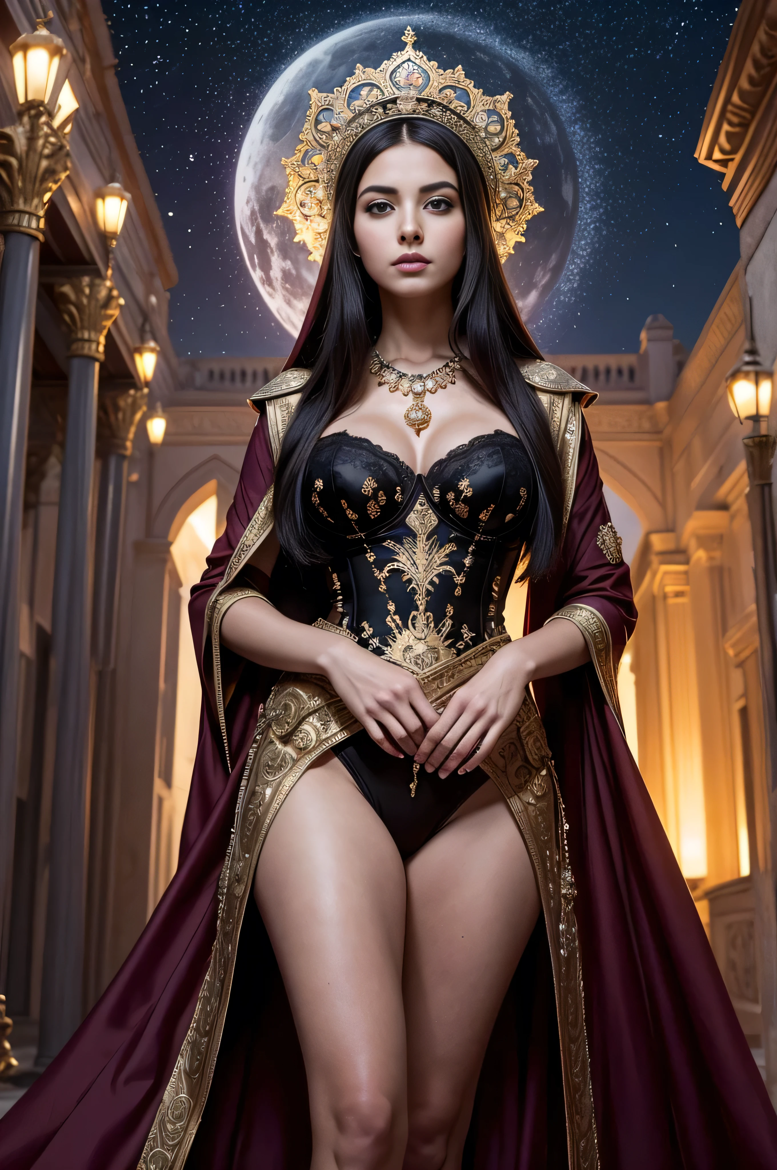 Masterpiece, In the night, Theodora, at 28, stands poised within the grandeur of the Byzantine Emperor's palace in Constantinople. Her eyes, alight with ambition, reflect the darkness hues that streak the night sky. Behind her, the majestic Saint Sophia cathedral looms, its silhouette bathed in the dark, a symbol of her rise from courtesan to empress. Around her, the palace gardens unfurl in verdant splendor, mirroring her own blossoming influence at the side of Emperor Justinian. Her journey—a tapestry of cunning and charm—is as intricate as the mosaics adorning the opulent halls where she now commands attention. This night in 527 AD marks not just a day, but the ascent of a woman who would shape the empire itself, 16K, ultra high res.photorealistic, UHD, DSLR, RAW, natural light, depth of field