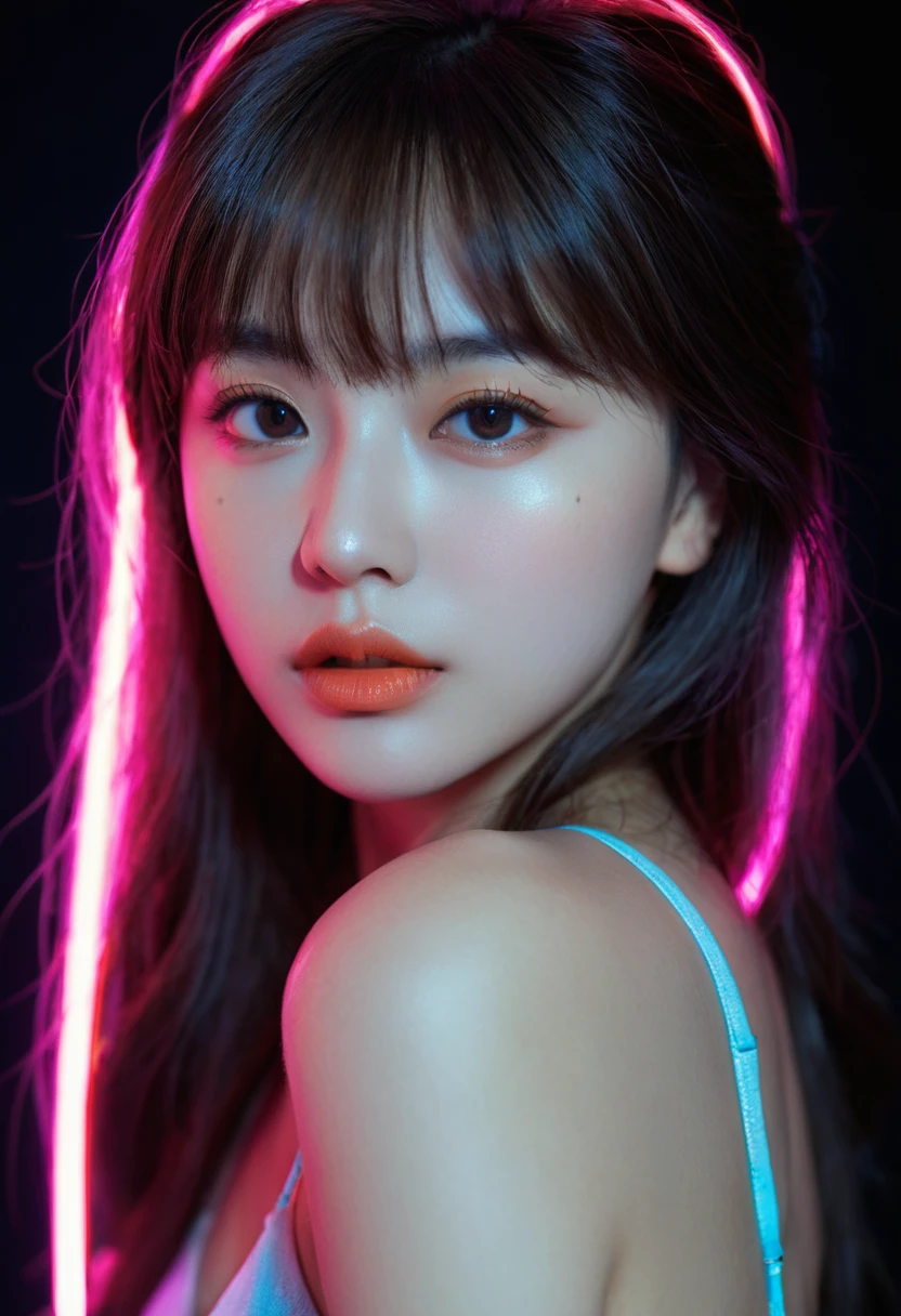 8k, best quality, 1 Girl, (Skin Indentation), night, (dark), Indoor clear background, (people), Beautiful bangs, Gorgeous,, (Clothing and:1.3),Soft lighting, attractive, dark Room, (mouth close:1.2, beautiful eyes, Delicate eyes, Detailed iris, Beautiful lips, Beautiful nose, Pretty Face),(primary color:1.5),(Ambient Light:1.5),(Neon light:1.8),(Radioluminescence:1.3),