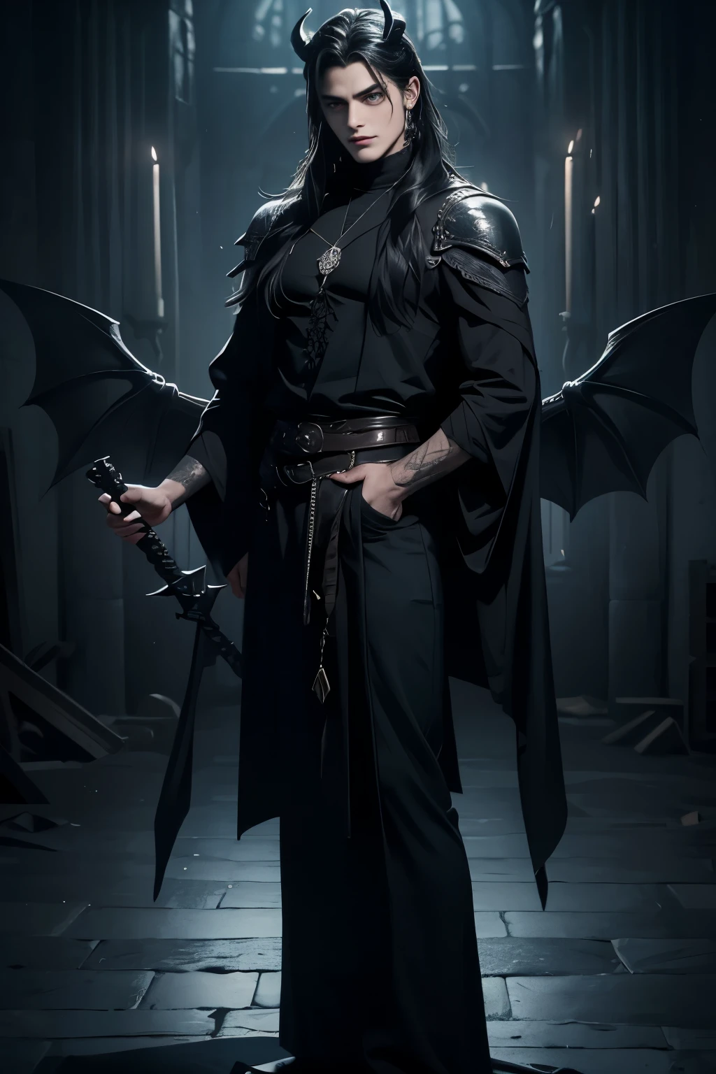 ((Best quality)), ((masterpiece)), 8k (detailed), ((perfect face)), perfect proporcions, ((halfbody)) he is a sorcerer, he is 18 years old, he dresses in a wizard's robe, gothic style, he has orange eyes, he has long wavy black hair, he is in a witcher's hut, he is strong and muscular, he has the bare torso, he is a demon ((perfect face)) sexy male, gothic make up ((fullfbody)) two man, black hair, he has demon wings, he has black horns, horns, demon